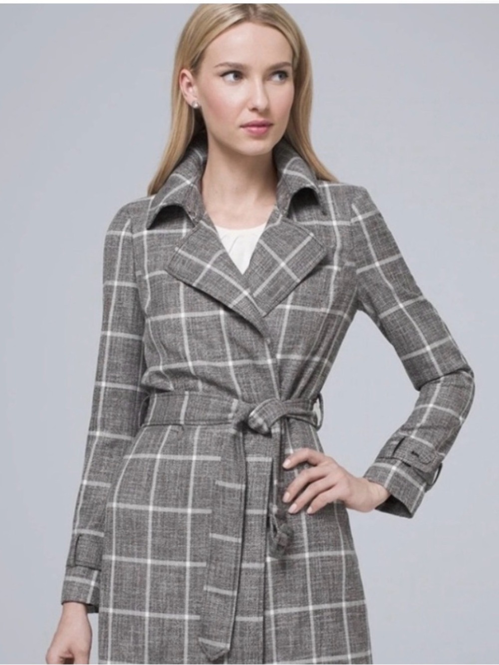 White House Black Market Gray Plaid Belted Trench Coat
